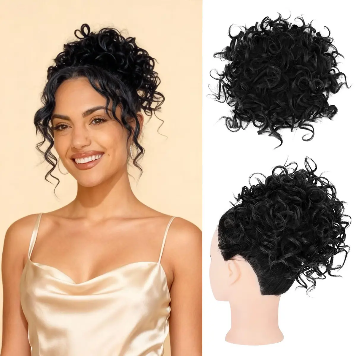 Messy Hair Bun Hairpiece, Deep Wave Curly Synthetic Ponytail Extension for Women, Chignon Scrunchie with Elastic Drawstring, Wavy Synthetic Hair