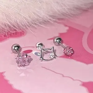 3 pieces of fashionable hollow KT cat ears ear pins, pink small star-shaped ear shell pins with ultra-shiny screws, suitable for