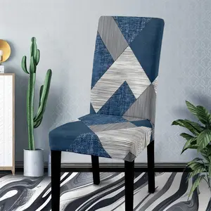 Deep blue and gray white geometric splicing pattern polyester printed chair cover, modern minimalist style design, rich texture layers, suitable for dining or living room chair decoration, Dining Chair Slipcover