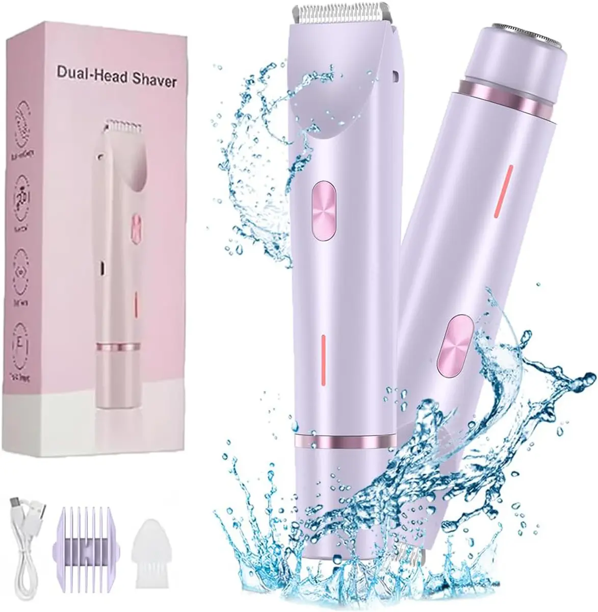 Oceantree Women's 2-in-1 USB Rechargeable Multifunctional Hair Removal Trimmer - Stainless Steel Dual-Head Epilator Hair Remover, Electric Shaver with Comb, Waterproof Intimate Pubic Trimmer for Leg Grooming, Mother's Day Gift