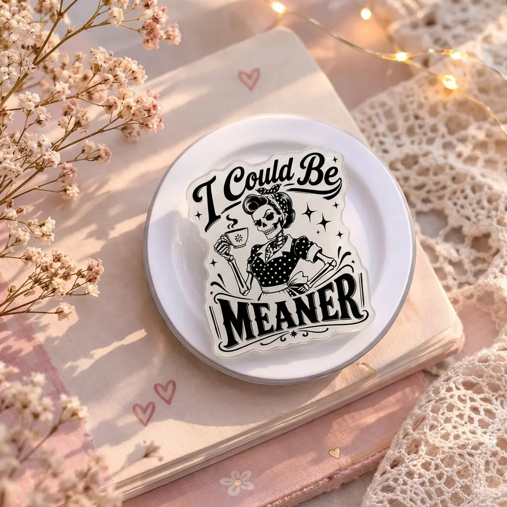 "I Could Be Meaner" Sarcastic Skeleton Phone Grip Clear Acrylic Griptok - Funny Vintage Skull Tea Drinking Cell Phone Stand Holder, Retro Aesthetic Smartphone Ring Accessory, Unique Gift for Sassy Friends
