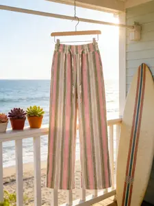 Women's Casual Drawstring Waist Wide Leg Pants, Striped Patchwork Design, Elastic Waistband, Perfect for Daily Wear & Outdoor Activities