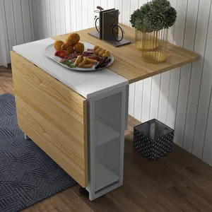 Space-Saving Folding Dining Table with Drop Leaf - 2-Tier Storage Shelves - 6 Wheels - Expandable Kitchen or Dining Room Furniture for Small Spaces, Apartment, Office (Grey)