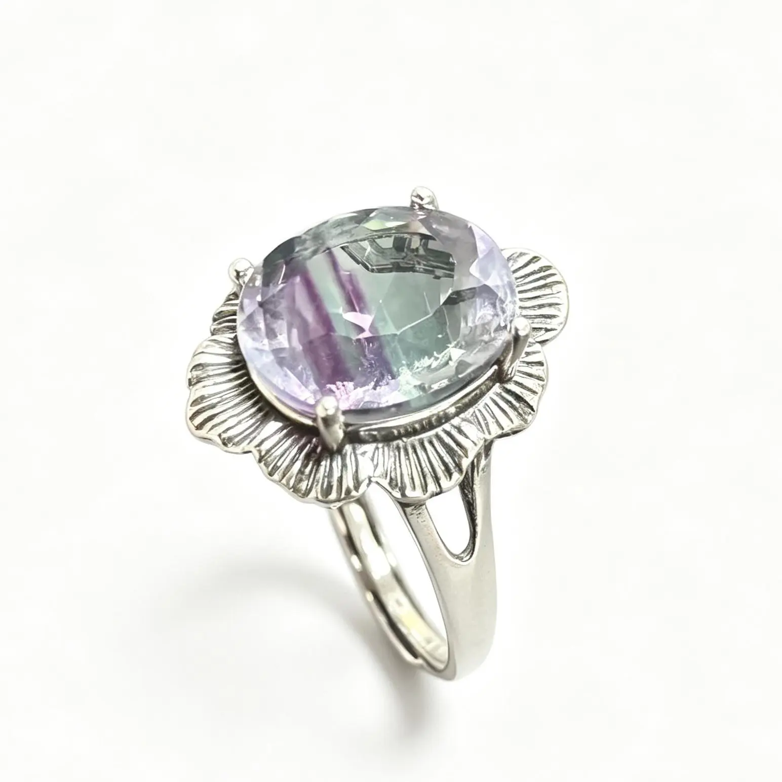 925 Sterling Silver Adjustable Natural Rainbow Fluorite Sunflower Ring (12×10mm) - Unisex Vintage Boho Statement Crystals Ring for Casual Wear, Birthday Gift, Adults