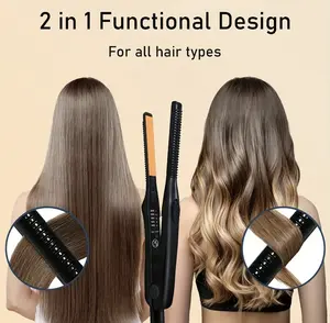 Ultra-thin 2-in-1 Hair Straightener & Curler Mini Styling Tool Wet/Dry Portable for Short Hair & Beards Dual Function Compact Design for All Hair Types Daily Ceramic Curling Iron with Adjustable Heat Auto Rotating Hair Styling Brush