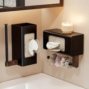 Walnut Wood Toilet Paper Holder Wall Mount No Drilling Strong Adhesive Bathroom Storage Rack with Hairband Organizer Bathroom Organization Bathroom Accessories