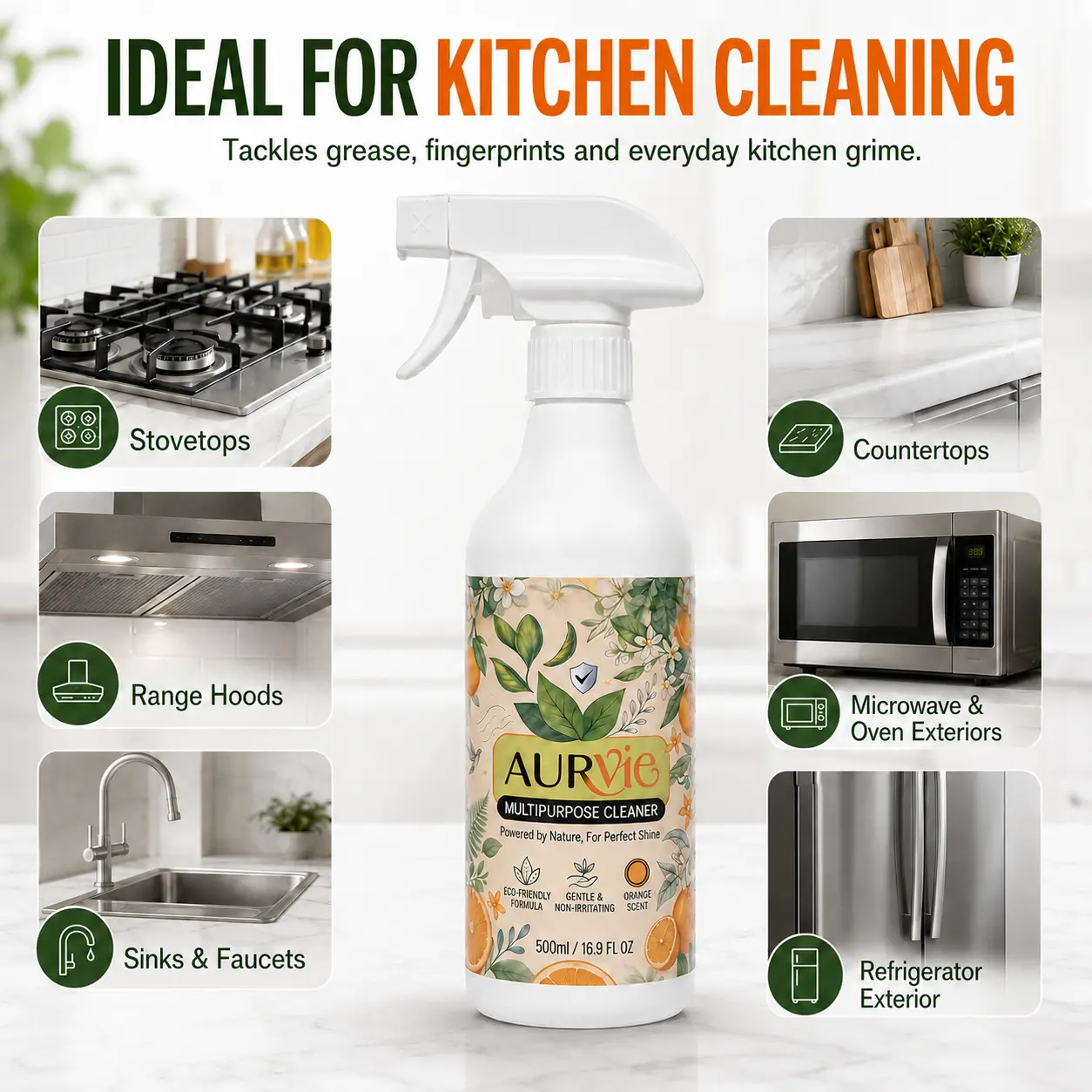 AURVIE All-Purpose Cleaner- 500ml Orange Scent,Multipurpose Cleaner Spray, Orange Scent Home Cleaner for Kitchen Grease, Bathroom, Floors, Glass, Cars & Shoesmultipurpose cleaner,all purpose cleaner,cleaning spray,kitchen cleaner,Christmas gift