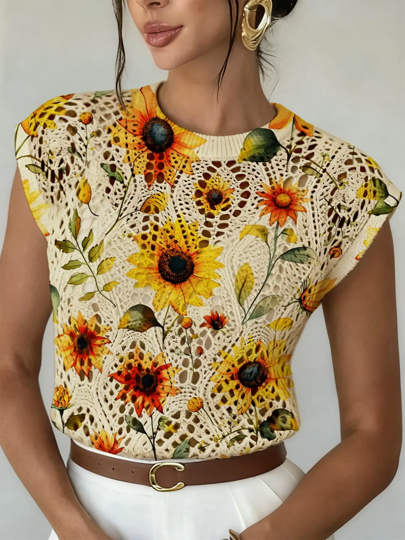 Women's Bohemian Sunflower Print Hollow Out Knit Sweater, Casual Loose Fit Round Neck Pullover, Comfortable All-Season Top