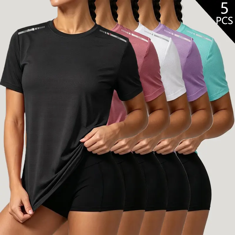 Pack of 5 summer women’s short-sleeve tops: solid-color crew-neck T-shirts, casual, stylish, comfortable short-sleeve T-shirts