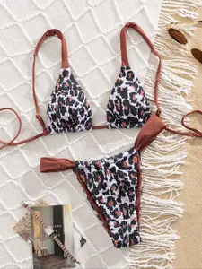 New soft bag leopard print, drawstring tie, backless style, sexy bikini, sleeveless swimsuit, summer beach fashion women's swimsuit
