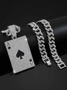 Charm Sparkling Cuban Chain Necklace, Geometric Shape Pendant, Letter a Love Heart, Unisex Street Rap Jewelry