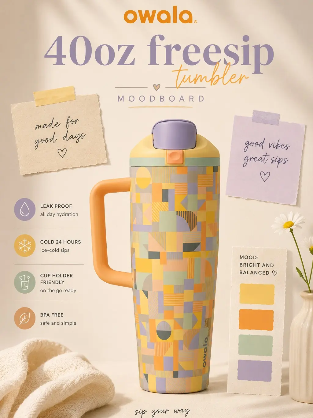 Owala 40oz FreeSip Tumbler Moodboard – Insulated Leakproof Cup with Handle