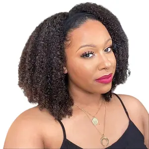 【Half wig curly hair】Afro Kinky Curly Headband Half Wig Human Hair 200% Density Afro Wigs for Black Women Human Hair Natural Curls Grade 10A Glueless Human Hair Wigs (14 Inch)