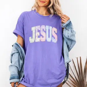 Pastel Plaid JESUS Comfort Colors T-Shirt | Christian Faith Tee, Patchwork Lettering Womenswear Top