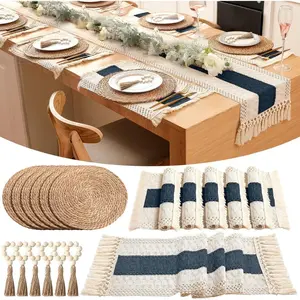 Boho Style Round Woven Placemats Set of 6 – Wooden Bead Napkin Rings & Bicolor Macrame Table Runner for Rustic Farmhouse Decor