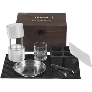 【Summervibes】VEVOR Ice Ball Press Kit,  , Aircraft Al Alloy Ice Press with Ice Block Mold, Large Mat, Tong, Drip Tray, One Glass, Round Ice Ball Maker 2.4"/60 mm Ice Sphere, for Whiskey, Cocktail on Party & Holiday Cube Kitchen