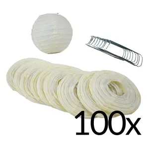 100-Pack 4 Inch Beige / Ivory Parallel Ribbing Round Paper Lanterns (String Light Sold Separately)