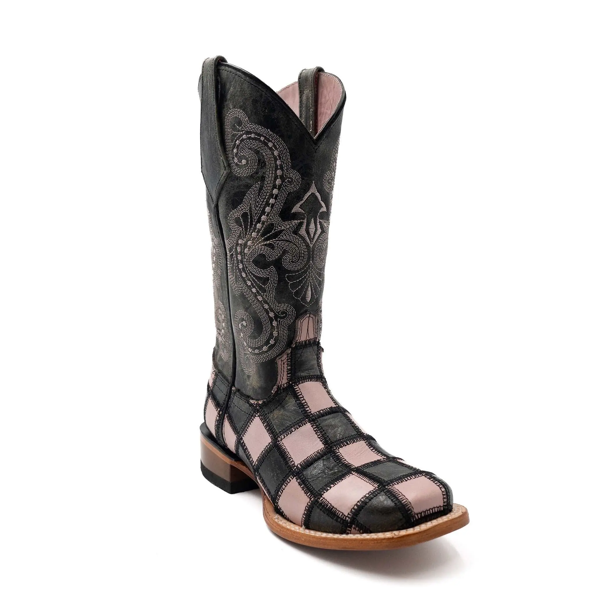 Women's Ferrini Patchwork Leather Boots Handcrafted Square Toe Black Pink