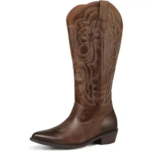 Women's Wide Calf Cowboy Boots Pull on Cowgirl Embroidered Mid Calf Pointed Toe Chunky Heel Western Boots
