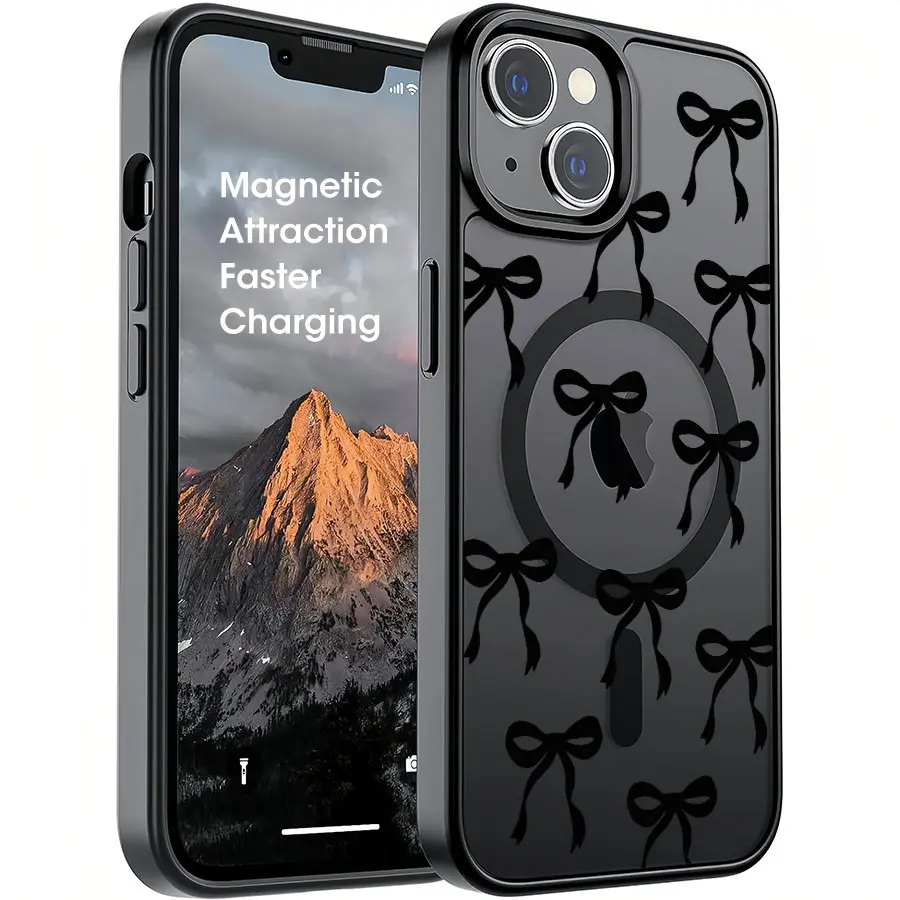 Matte Transparent Black Magnetic Phone Case with Full Thin Black Bow Silhouette Print for Multiple iPhone Models - iPhone 17, 16, 16 Plus, 15, 14, 13, 12, Pro/Max Series, Ideal Birthday & Holiday Gift, Bows