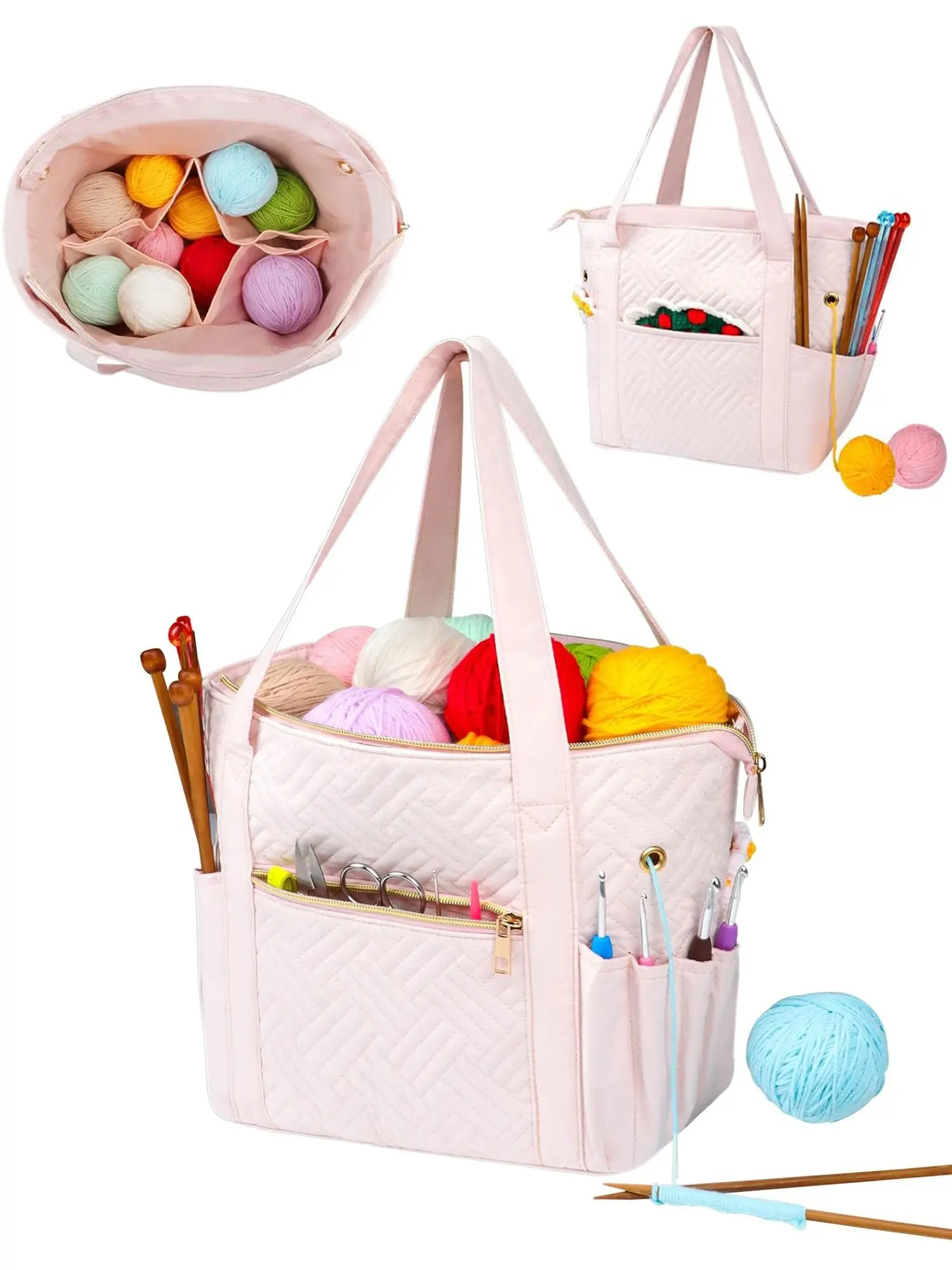 Knitting Bag Organizer for Yarn Balls Storage, Quilted Yarn Handbag with Dual Handles, Portable Travel Storage Bag for Knitting Accessories and Needlework, Yarn Needles