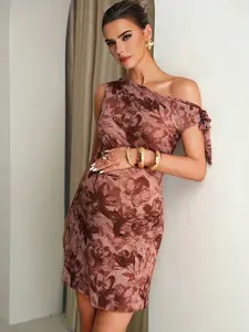 MaterniRIO Maternity Elegant Floral All-Over Print Asymmetric Neck Dress, Summer Summer Outfits Pregnancy Dress For Photoshoot  Wedding Guest Dress  Elegant Dresses