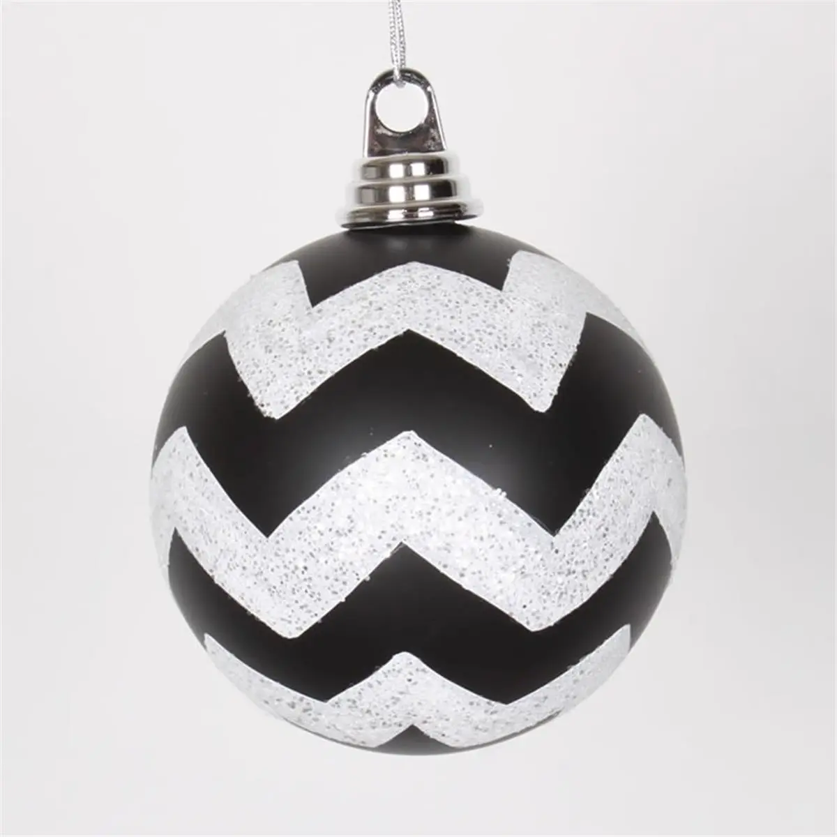 212 MAIN 4.75 in. Plastic Christmas Ornaments - 3-Piece Box, Black-White Matte, Glitter Chevron Balls for Home Festive Decoration