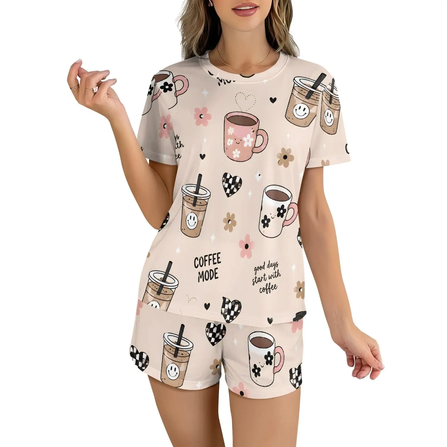 Women's 2-Piece Pajama Set - Cute White Coffee Print Shorts Lounge Set for Summer Relaxation
