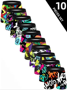 Men's Graffiti Print Boxer Brief, Breathable Comfy Underwear for Daily Wear, Casual Men's Underwear for All Seasons, Breathable Boxer Briefs