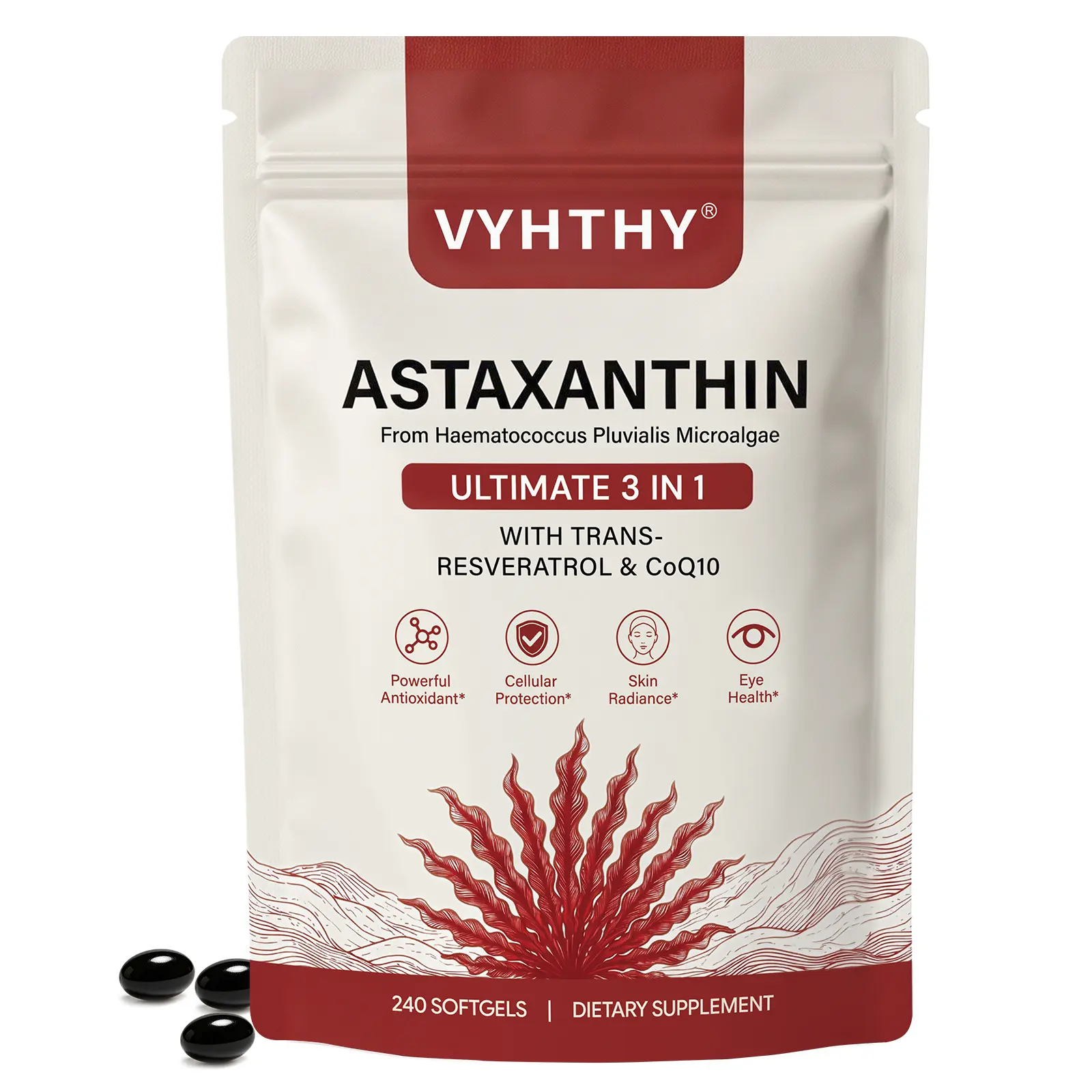 VYHTHY Astaxanthin 12mg Ultimate 3-in-1 with Trans-Resveratrol 100mg & CoQ10 50mg, 240 Softgels | Enhanced Bioavailability with Coconut MCT Oil & Piperine | Cellular Antioxidant for Skin Radiance, Eye & Heart Health