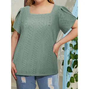 Aswulk Plus Size Tops for Women Petal Short Sleeve Square Neck Shirts Casual Trendy Blouses 2026 Spring Summer Fashion XL-5XL Green