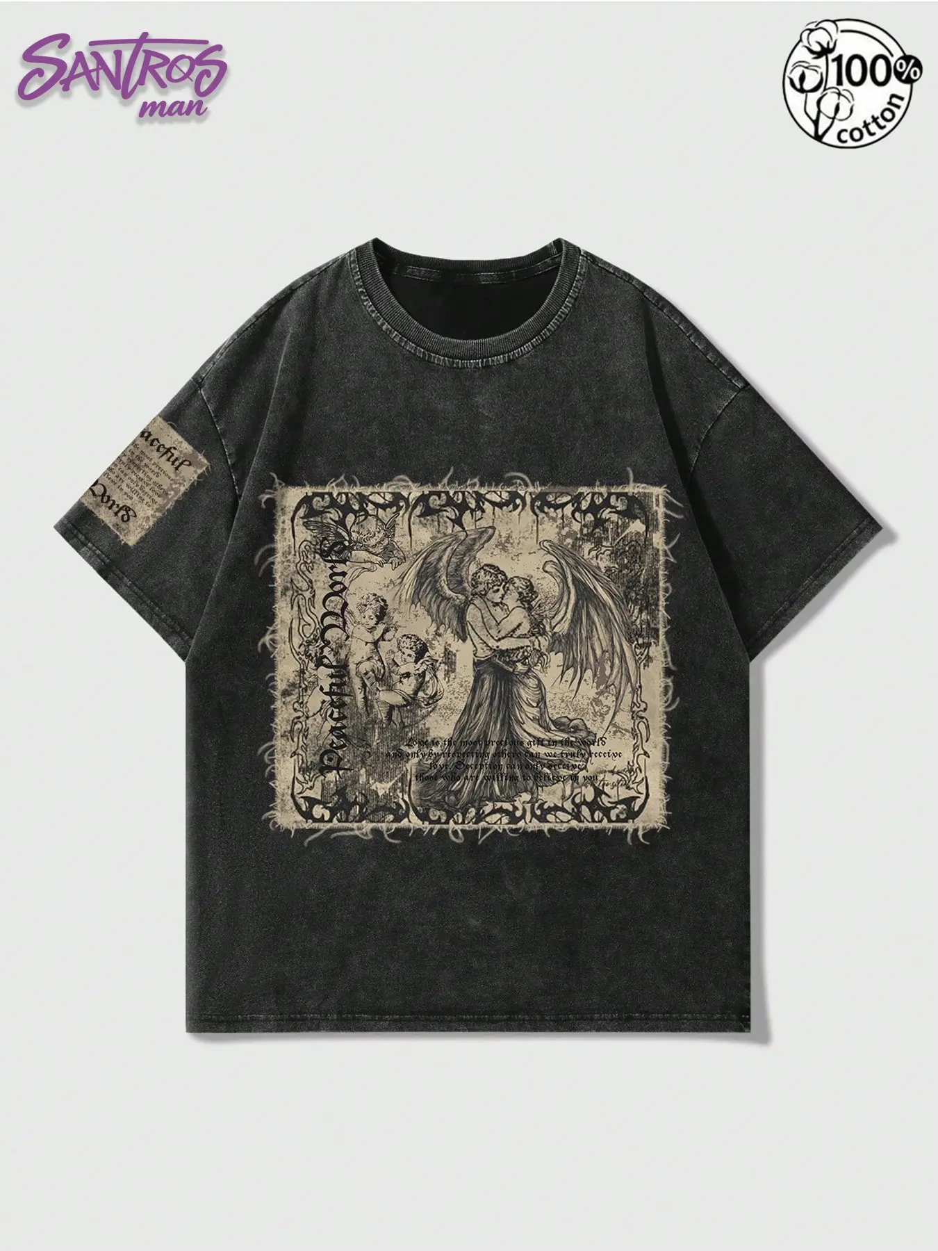 Unisex 100% Cotton Washed Black Oversized T-Shirt with Vintage Angel Print Dark Alt Streetwear Top