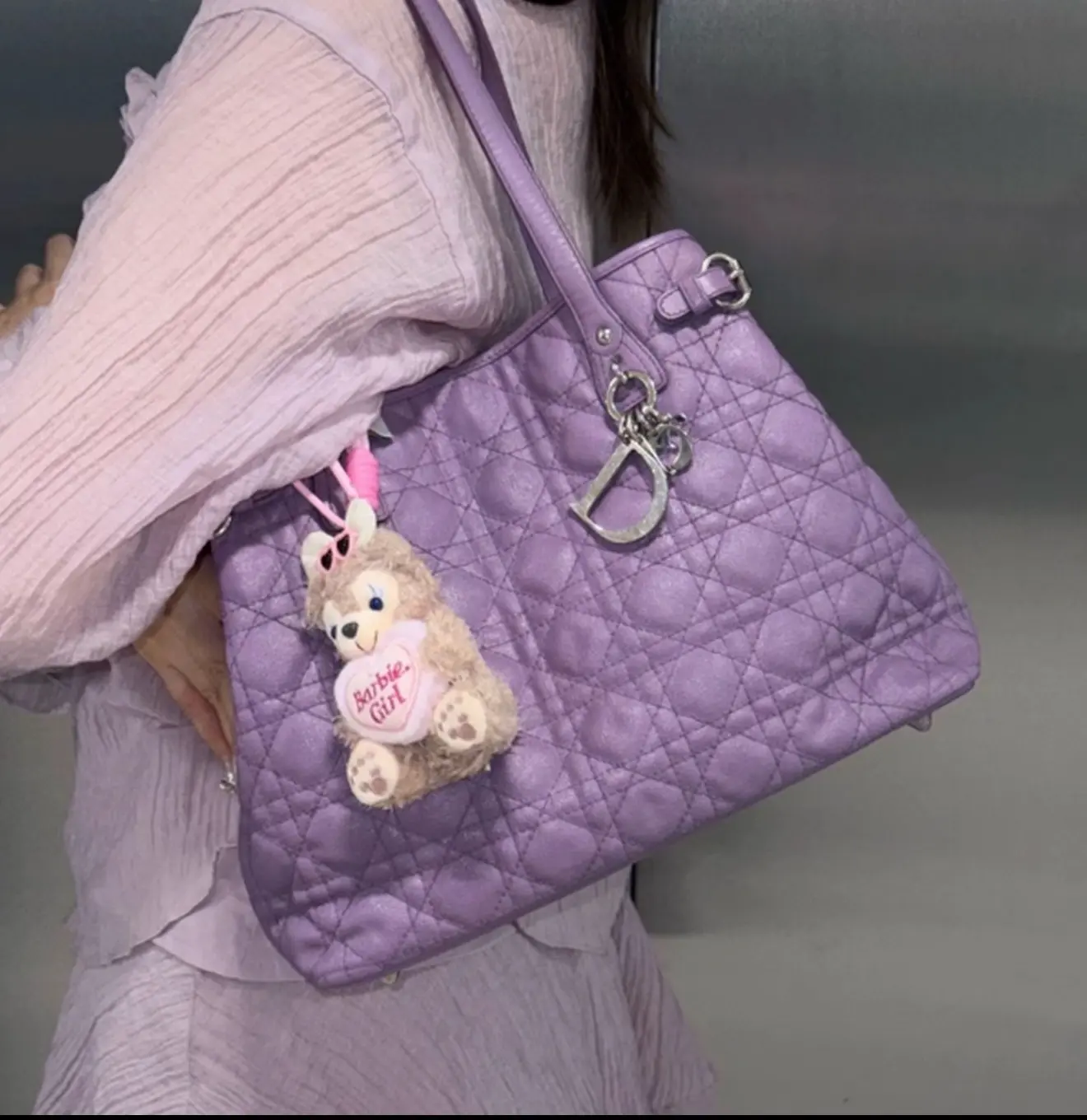 Pre-owned Dior Light Lavender Metallic Shine Cannage Quilt Shoulder Tote Bag Silver D Charm Single Leather Top Handle Crossbody Handbag