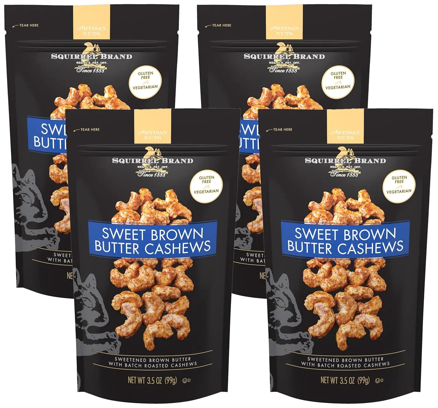 Squirrel Brand Sweet Brown Butter Cashews,3.5 Ounces Resealable Bag,Gluten Free,Vegetarian,(Pack of 4)