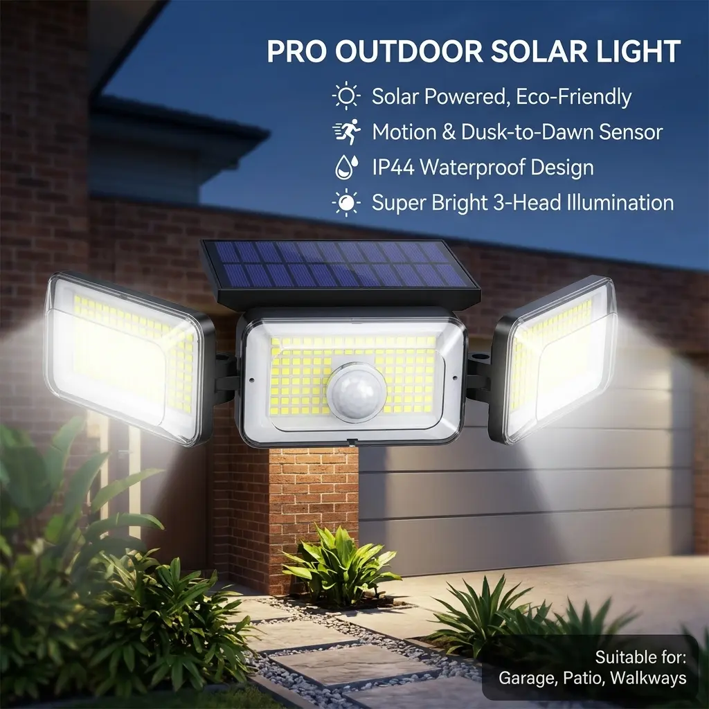 Outdoor Triple Head Solar LED Motion Sensing Lights, 2 Pack IP44 Weatherproof Solar Powered Illumination Lamp, Automatic Dawn Dusk Switch, Energy Saving Light for Garden Backyard Walkway Exterior