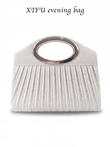 Women's Instant Glam Silver Color Shimmer Clutch Bag, Pleated Handbag with Metal Ring Handle, Trendy Crossbody Purse for Night Out