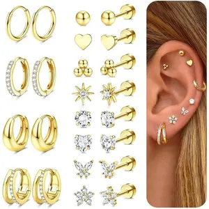Brillify Unisex 14 Karat Gold Filled Hypoallergenic Stud Huggie Earrings - Surgical Steel, Flat-Back Hoops, Tiny Gauge, Stackable Sets, Cartilage Nose Jewelry, Everyday Wear Gifts, Surgical Steel Earrings