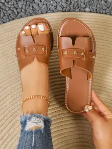 Women's Metal Rivet Sandals, Plain PU Leather Design, Lightweight Breathable Comfort, Summer Casual Walking Shoes