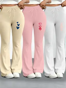 3-Piece Set Casual Fashion Long Pants Drawstring Waist Heart Print, Milk Silk Yoga Workout Pants for All Seasons, Fitted Wide Leg H-Type, Sports Bottoms