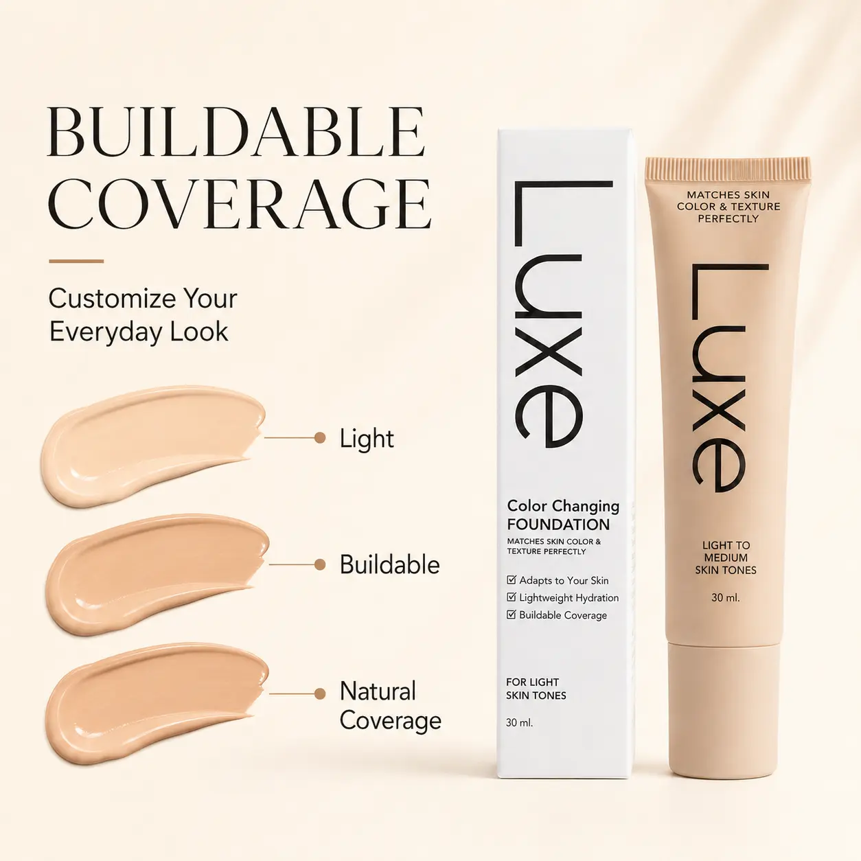 Luxe Color Changing Foundation 30ml, Lightweight Skin Tone Adjusting Makeup for Light to Medium Skin, Hydrating Blendable Face Base, Natural No-Mask Finish, Smooth Even-Looking Coverage for Daily Beauty Routine Makeup Concealer