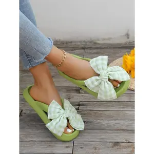 Women's Bowknot Design Slides, Casual Comfortable Home Slippers, Non-slip Soft Slippers for Indoor & Outdoor Wear, Summer Barefoot Shoes for Women & Girls, Flipflop, Flat Sandal