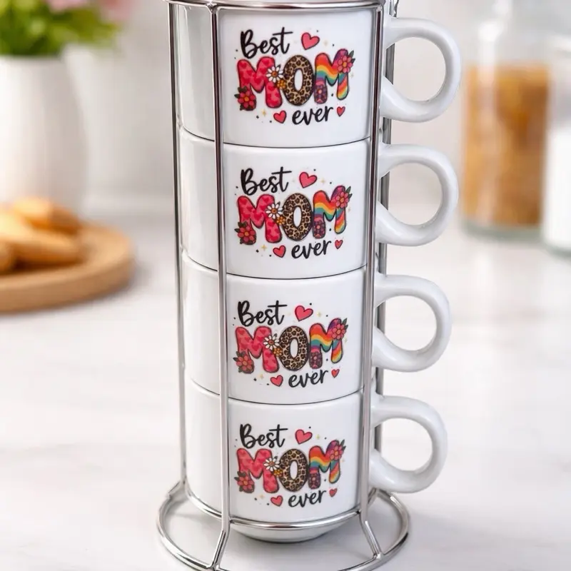 Set de tazas de 4 piezas más soporte metálico ,diseño Día de las madres