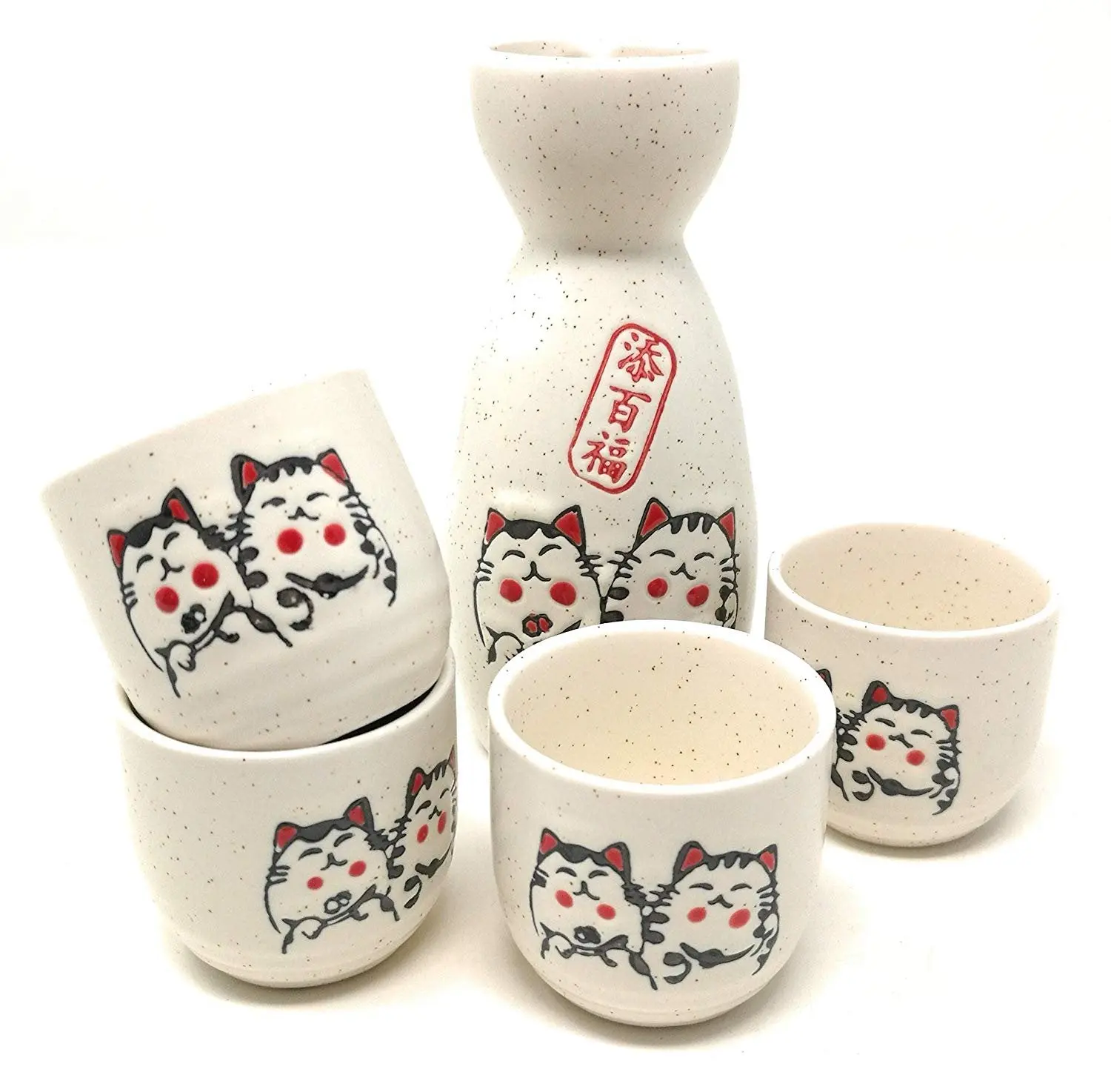 Thy Home Contemporary 5-Piece 6oz Elegant Ceramic Sake Utensils Set - Durable Japanese Tokkuri Bottle, 4 Round Cups, Cute Cat Design, Microwave Safe, Gift-Ready for Father's Day, Home Kitchen Use, Five Pieces