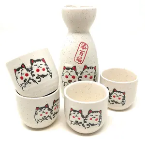 5-Piece Sake Set, Durable Ceramic Japanese Sake Set with 1 Carafe/Decanter/Tokkuri Bottle and 4 Ochoko cups for Hot or Cold Sake at Home or Restaurant - Cute Cat Design