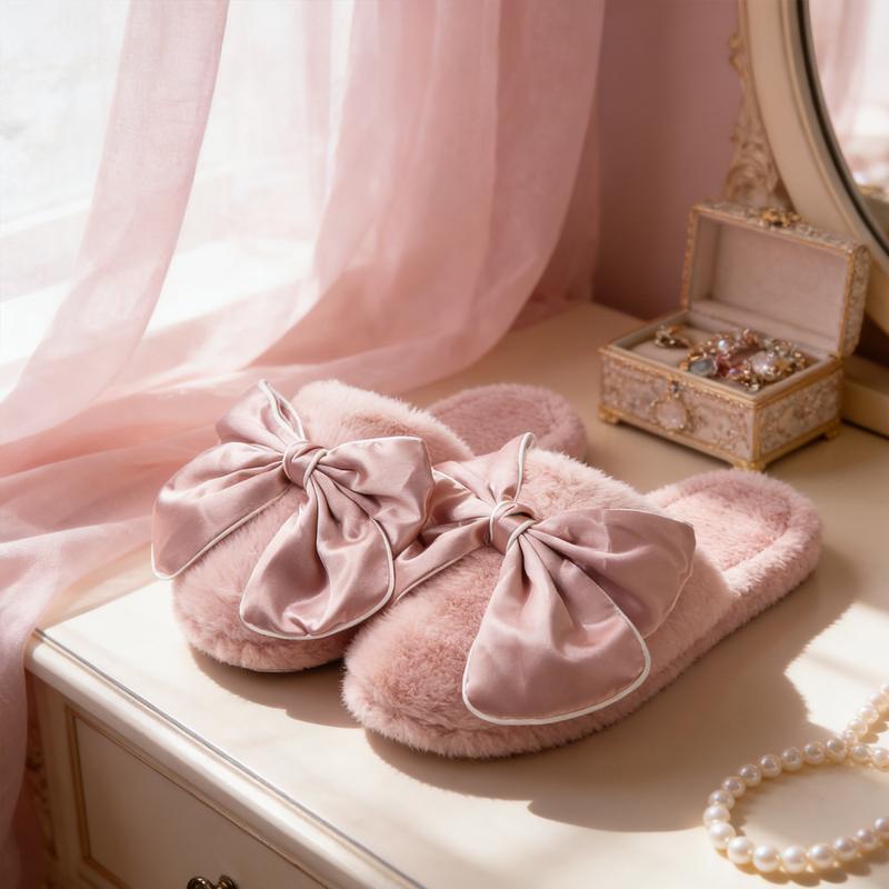 Classic Bow Accent Plush Slippers for Women | Soft Fuzzy Home Footwear | Cozy Gift for Her