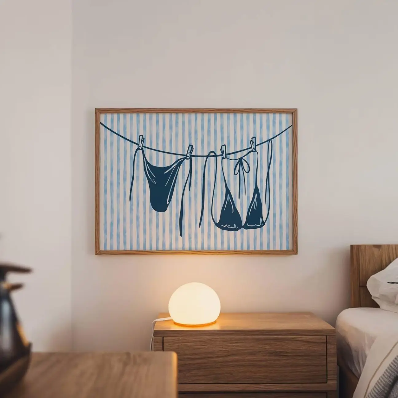 Bikini Clothesline Wall Art, Blue Coastal Beach Poster, Summer Beach House Decor | Frameless Poster F