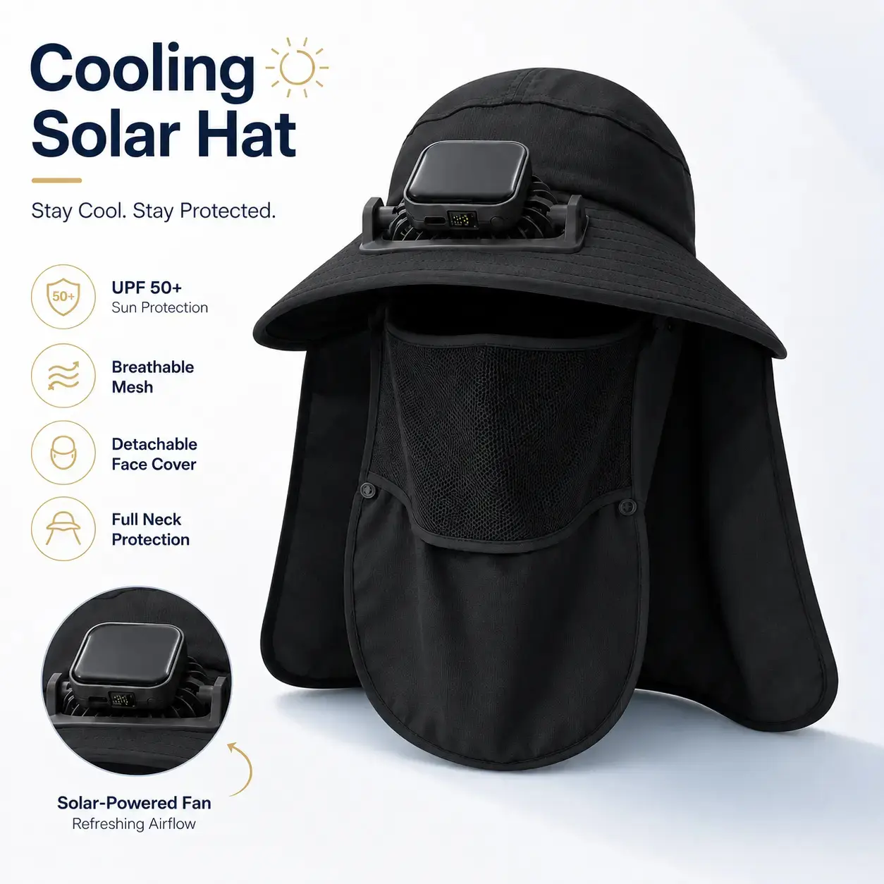 2026 Solar-Powered Cooling Fan Bucket Hat, Detachable Neck & Face Flap Sun Shield, Wide Brim 360° UPF50+ UV Protection Breathable Mesh Lightweight Sun Hat, Hands Free Cooling Headwear for Men Women, Great for Fishing, Camping, Gardening, Yard Work