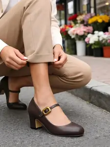 Women's Classy Mary Jane Shoe - Elegant Round Toe, Gold Buckle, Comfortable Thick-Heel, All-Seasons Footwear, Perfect for Party, Wedding