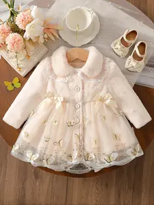 【 Single piece 】 Girls' clothing, girls' jacket, winter plush spliced mesh jacket for baby girls, sweet princess style, three-dimensional butterfly embroidery and lace trim on the body, double bow at the waist adds playfulness, suitable for travel
