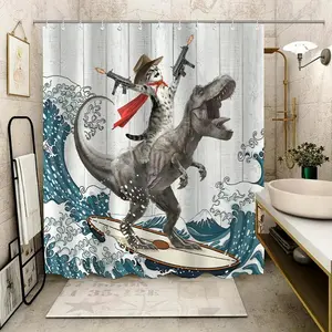 Dinosaur and Cat Pattern Removable Shower Curtain, Waterproof Bathroom Curtain with 12 Hooks, Decor for Home, Hotel, Apartment, Dorm and Spa
